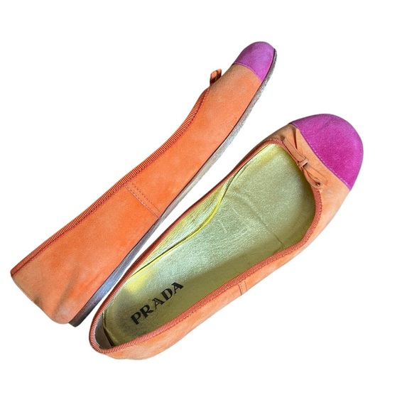 PRADA Suede Ballet Flats Orange Pink Colorblock Shoes Sz 36.5 (6.5 US) Slip-on - Picture 1 of 11